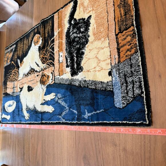 Vintage Tapestry 37 x 20 Cat Jack Russell Dog Puppies Plush Wall Hanging Rug - Picture 10 of 11